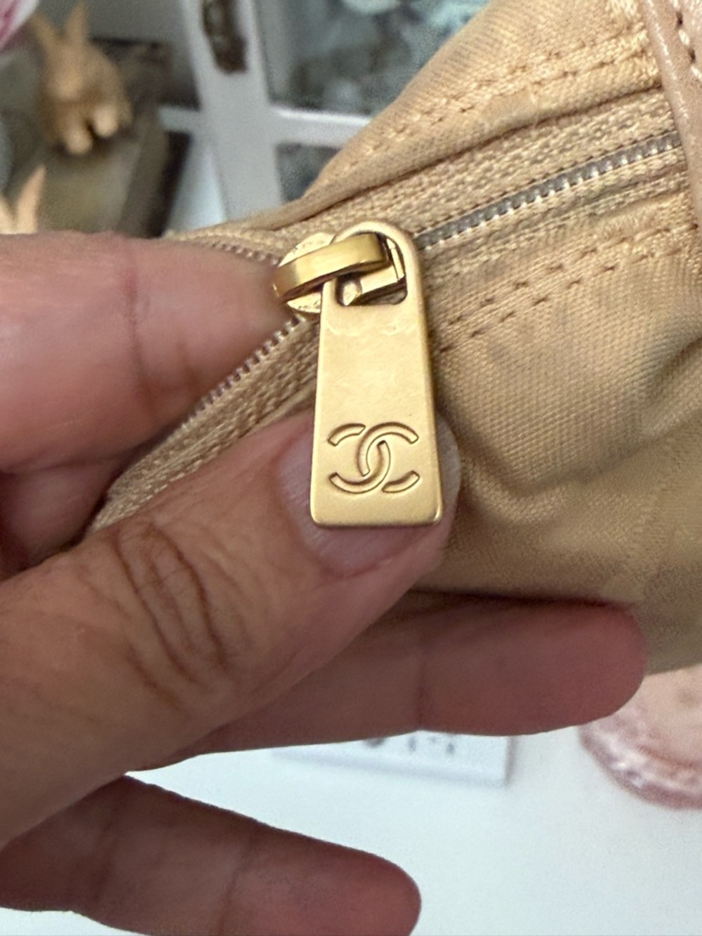 CHANEL Gold-Beige Nylon CC Logo Cosmetic Pouch - Picture 10 of 16